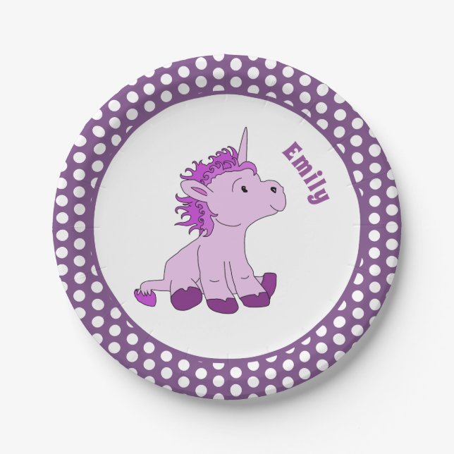 Cute Purple Unicorn Polka Dot Kid`s Name Birthday Paper Plate (Front)