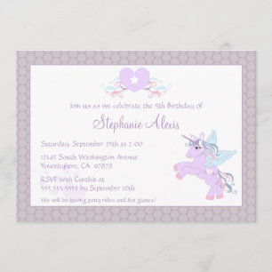 Cute purple unicorn pony birthday party invitation