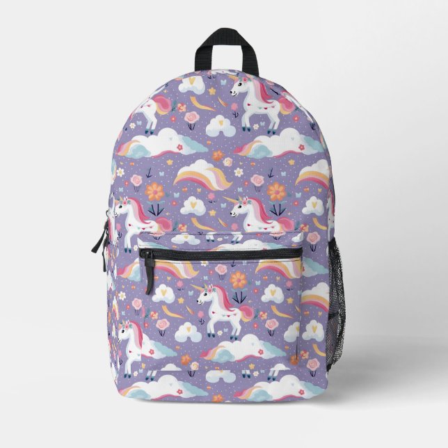 Cute Purple Unicorn Printed Backpack (Front)