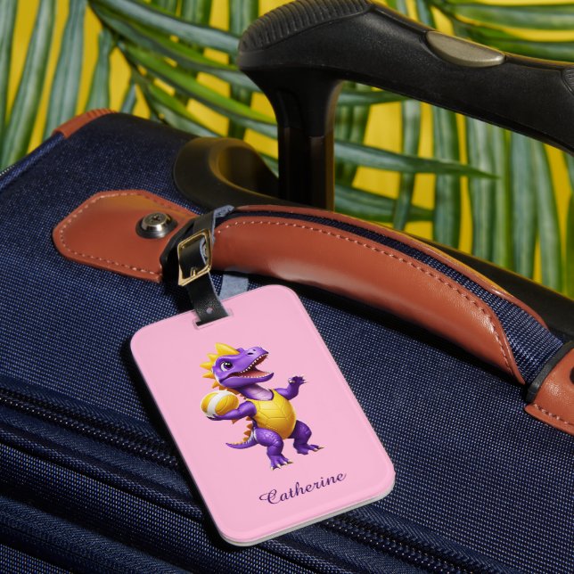 Cute purple volleyball dinosaur luggage tag (Front Insitu 1)