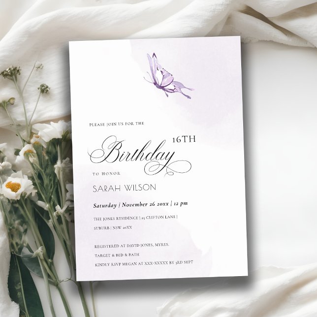 Cute Purple Watercolor Butterfly Any Age Birthday Invitation (Creator Uploaded)