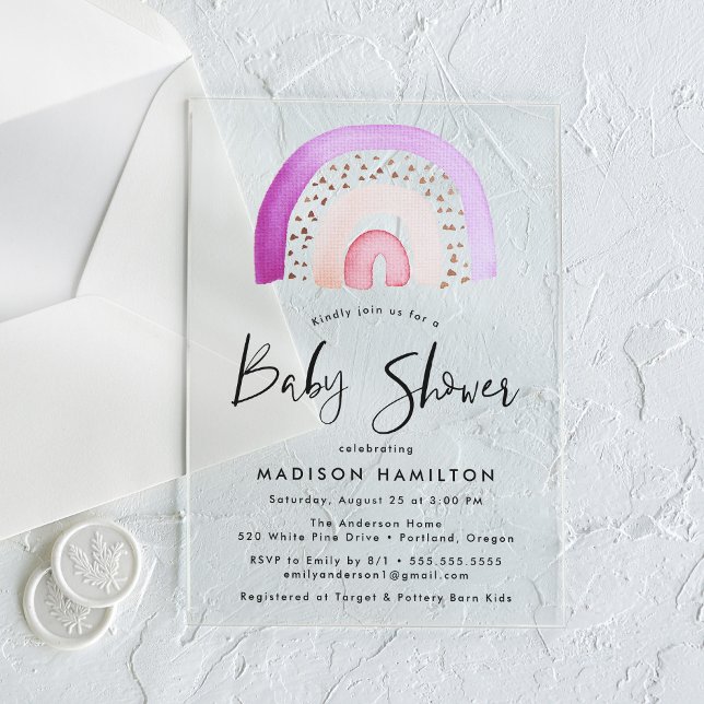 Cute Purple Watercolor Rainbow Baby Shower Acrylic Invitations (Creator Uploaded)
