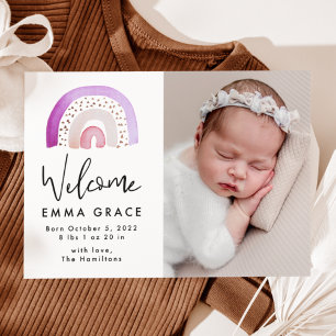 Cute Purple Watercolor Rainbow Birth Announcement