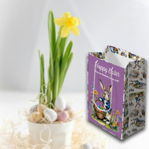 Cute Purple Watercolor Vintage Easter Bunny Medium Gift Bag