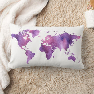 Cute Purple Watercolor World Map Travel Lumbar Cushion