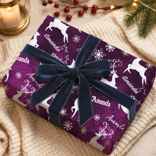 Cute Purple Whimsical Reindeer Snowflakes Wrapping Paper