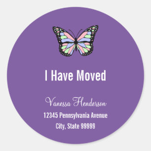 Cute Purple White Butterfly Moving Announcement Classic Round Sticker