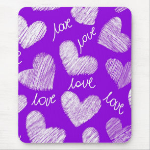 Cute Purple White Scribbled Heart with Love Script Mouse Pad