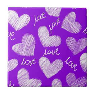 Cute Purple White Scribbled Heart with Love Script Tile