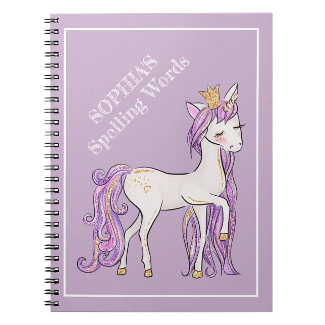 Cute Purple White Unicorn Tiara School Subject Notebook (Front)