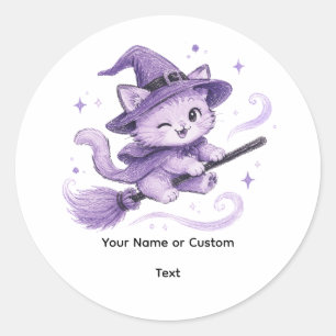 Cute Purple Witch Cat on Broomstick Halloween Classic Round Sticker