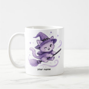 Cute Purple Witch Cat on Broomstick Halloween Coffee Mug
