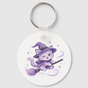 Cute Purple Witch Cat on Broomstick Halloween Key Ring