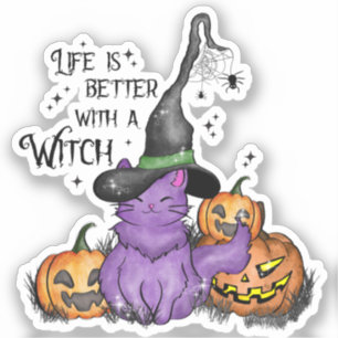 Cute Purple Witch Cat with Jack-O'-Lanterns