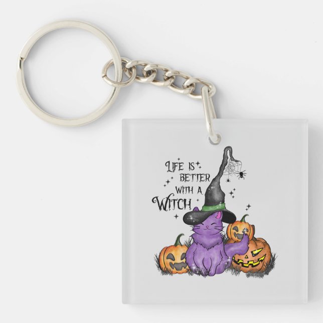 Cute Purple Witch Cat with Jack-O'-Lanterns Key Ring (Front)