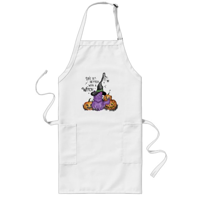 Cute Purple Witch Cat with Jack-O'-Lanterns Long Apron (Front)