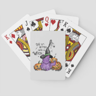 Cute Purple Witch Cat with Jack-O'-Lanterns Playing Cards