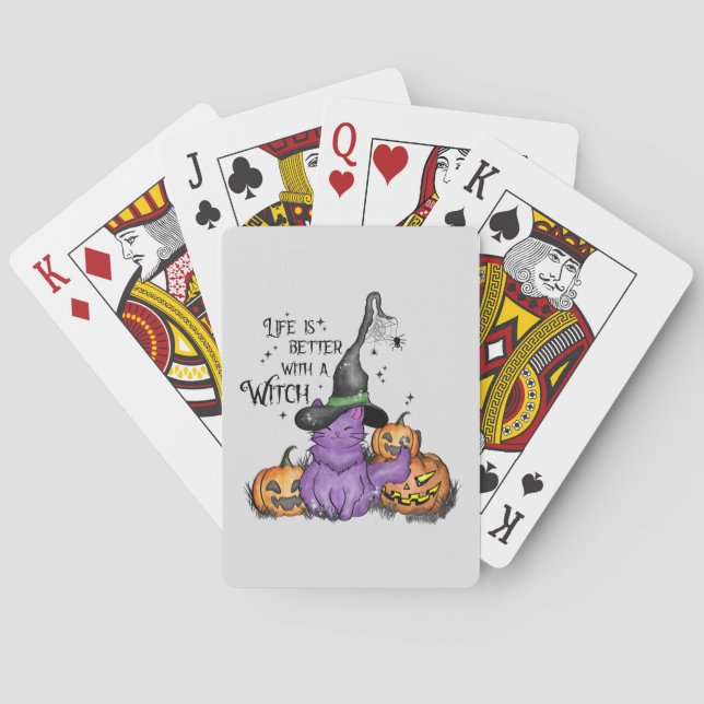 Cute Purple Witch Cat with Jack-O'-Lanterns Playing Cards (Back)