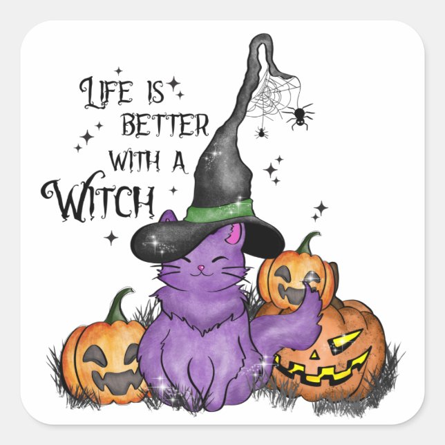Cute Purple Witch Cat with Jack-O'-Lanterns Square Sticker (Front)