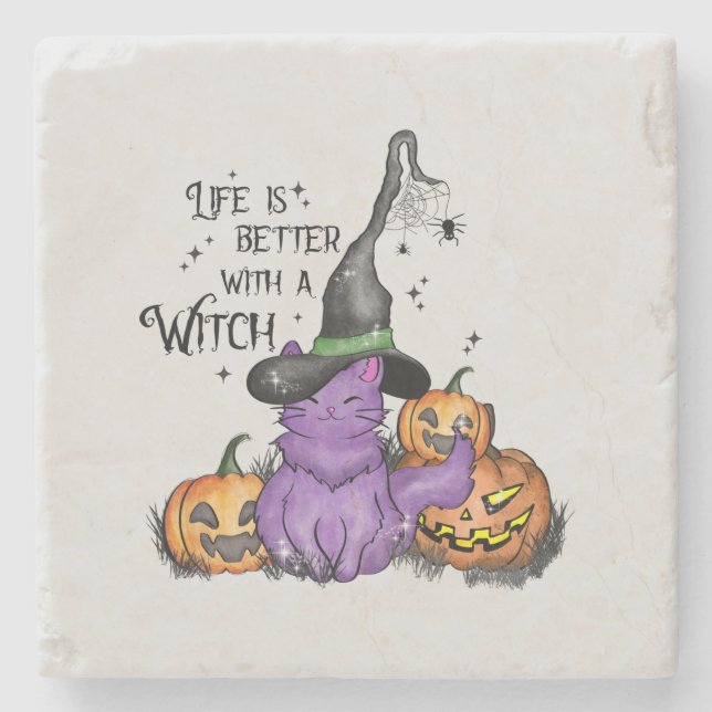 Cute Purple Witch Cat with Jack-O'-Lanterns Stone Coaster (Front)