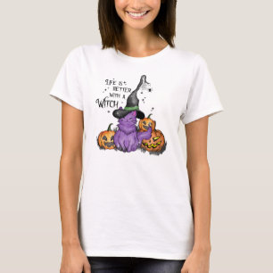 Cute Purple Witch Cat with Jack-O'-Lanterns T-Shirt