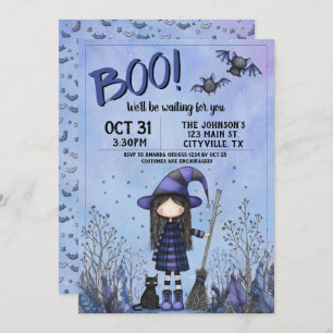 Cute Purple Witch Kids Halloween Invitation