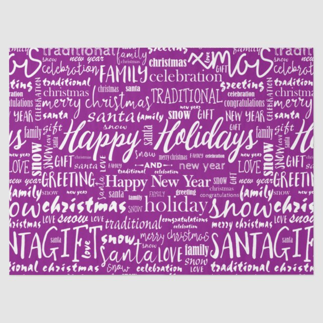 Cute Purple with White Christmas Script Decoupage Tissue Paper (Front)