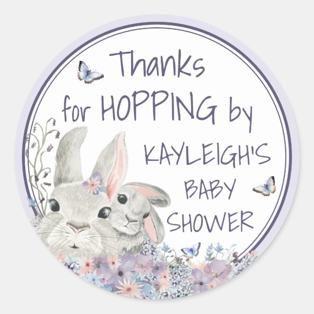 Cute Purple Woodland Bunnies Baby Shower Thank You Classic Round Sticker (Front)