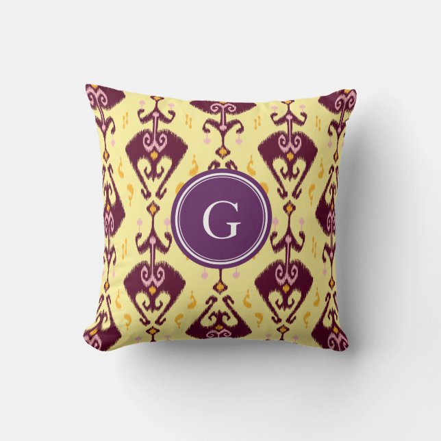 Cute purple yellow ikat tribal pattern monogram cushion (Front)