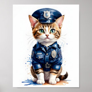 Cute Pussy Cat in Police Uniform Watercolor Art Poster