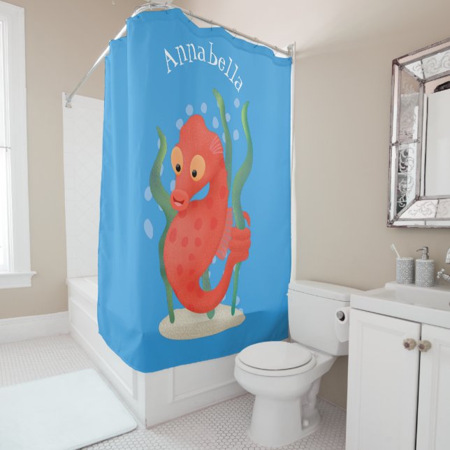 Cute pygmy seahorse cartoon shower curtain (In Situ)