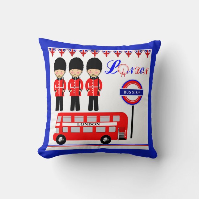 Cute Queens Guard Red Bus London Themed Design Cushion (Front)