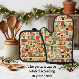 Cute Quilt Patchwork Christmas Oven Mitt & Pot Holder Set