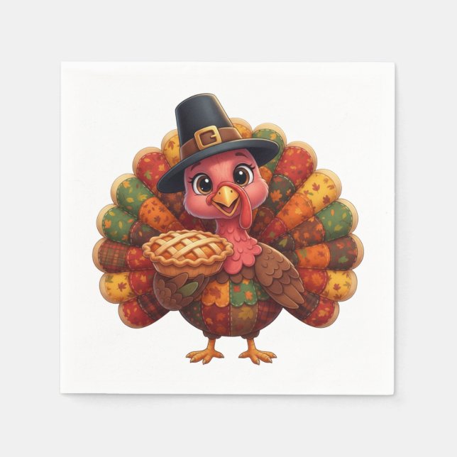 Cute Quilted Patchwork Turkey | Pilgrim Hat Pie  Napkin (Front)
