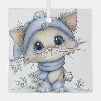 CUTE QUIRKY BLUE WINTER CHRISTMAS KITTY CAT GLASS TREE DECORATION