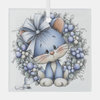 CUTE QUIRKY BLUE WINTER CHRISTMAS KITTY CAT GLASS TREE DECORATION