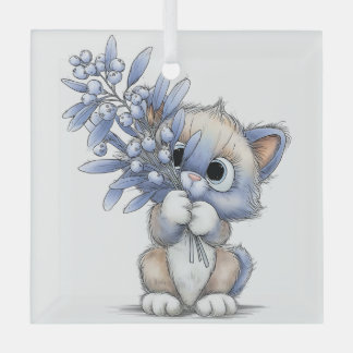 CUTE QUIRKY BLUE WINTER CHRISTMAS KITTY CAT GLASS TREE DECORATION
