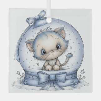 CUTE QUIRKY BLUE WINTER CHRISTMAS KITTY CAT GLASS TREE DECORATION