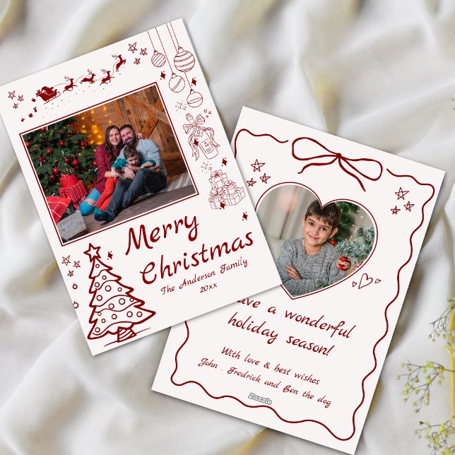 Cute quirky doodle christmas custom 2 photo red holiday card (Creator Uploaded)