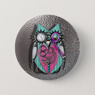 Cute Quirky Owl Steam Punk Style Pink Teal Silver 6 Cm Round Badge