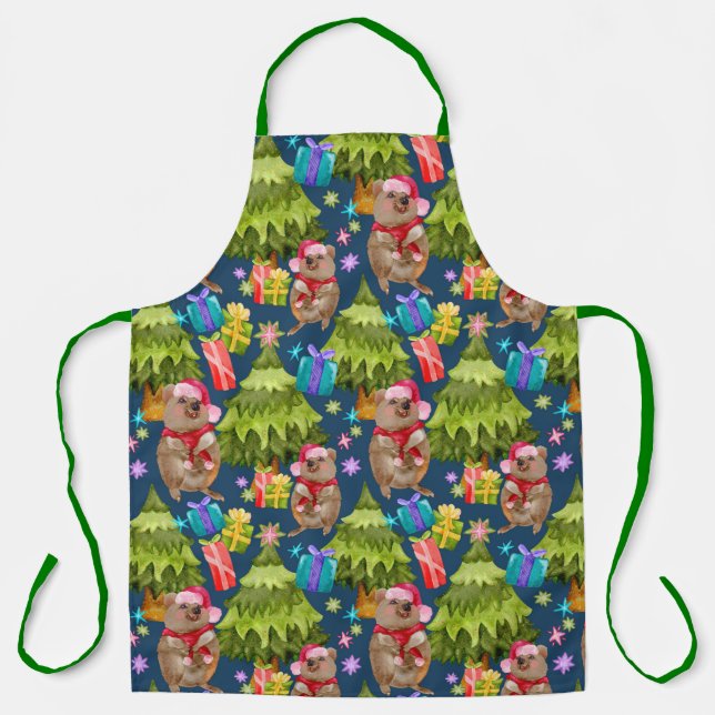 Cute Quokka Christmas Blue Apron (Front)