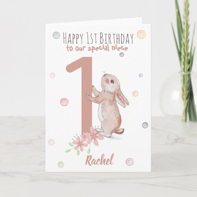 Cute Rabbit 1st Birthday Card For Niece (Front)