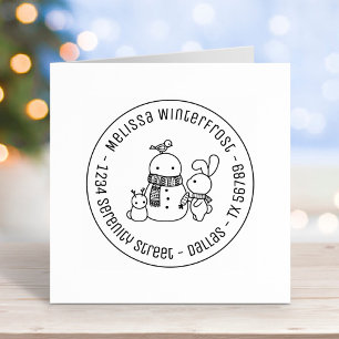 Cute Rabbit Adding Carrot to Snowman Round Address Rubber Stamp