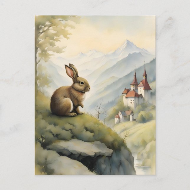 Cute Rabbit and a Mystical Castle in the Mountains Postcard (Front)