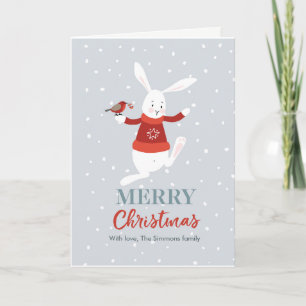 Cute rabbit and bird friends Christmas Card
