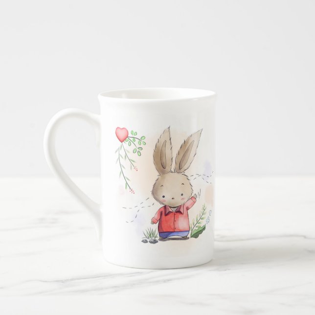 Cute Rabbit and Hearts Bone China Mug (Left)