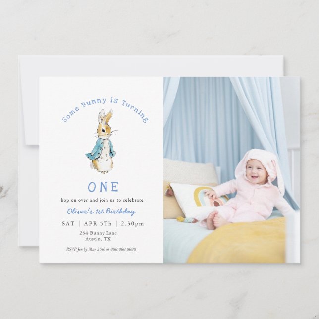 Cute Rabbit Baby boy 1st birthday  Photo Invitation (Front)