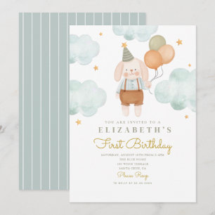 Cute Rabbit Baloon First Birthday 1st Birthday Invitation