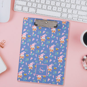 Cute rabbit bee garden pattern Monogram Name blue Clipboard