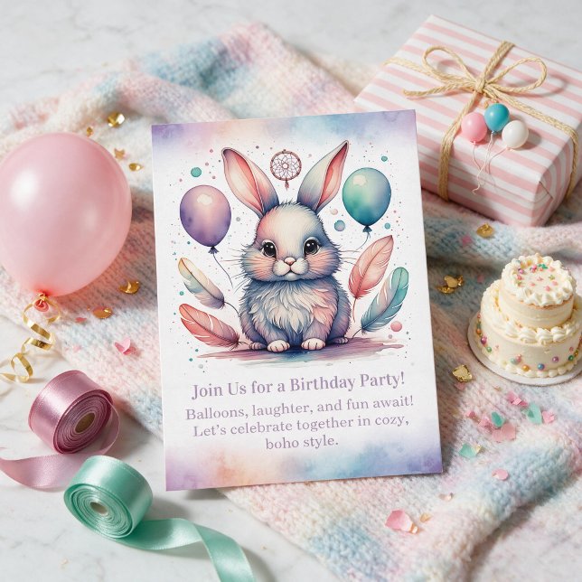 Cute Rabbit Birthday Invitation Woodland Boho  (Cute Rabbit Birthday Invitation Woodland Boho)